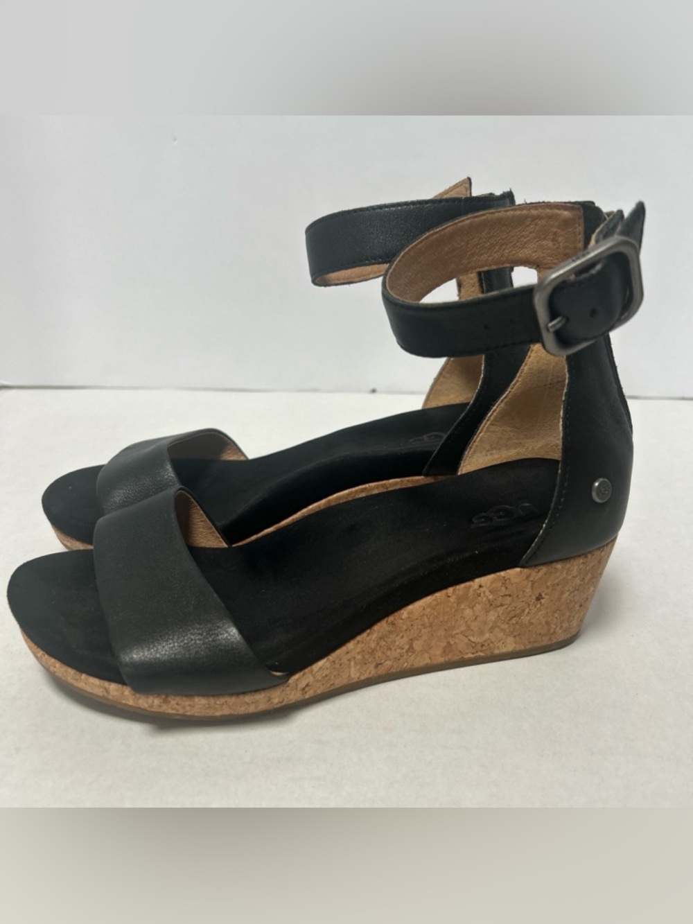 UGG Zoe II Leather Open Wedge Cork Sandal Ankle Strap‎ 1102674 Black Size 6.5